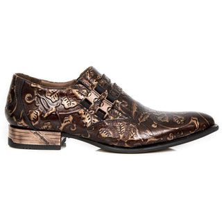 New Rock Men's Shoes Copper Brown Vintage Flower Print Leather Monk-Straps Loafers M-NW2288-S23 (NR1116)-AmbrogioShoes