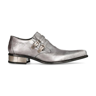 New Rock Men's Shoes Gray Plain Calf-Skin Leather Double Monk-Straps Loafers M-2246-C17 (NR1222)-AmbrogioShoes