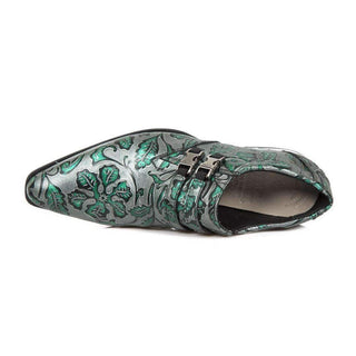 New Rock Men's Shoes Green Vintage Flower Print Leather Monk-Straps Loafers M.NW2288-S25 (NR1118)-AmbrogioShoes
