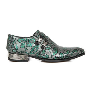 New Rock Men's Shoes Green Vintage Flower Print Leather Monk-Straps Loafers M.NW2288-S25 (NR1118)-AmbrogioShoes
