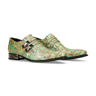New Rock Men's Shoes Light Green Alligator Print /Calf-Skin Leather Monk-Straps Loafers M-NW2288-S61 (NR1211)-AmbrogioShoes