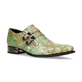 New Rock Men's Shoes Light Green Alligator Print /Calf-Skin Leather Monk-Straps Loafers M-NW2288-S61 (NR1211)-AmbrogioShoes