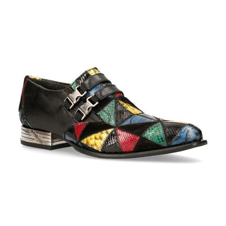 New Rock Men's Shoes Multi-Color Exotic Texture Print / Calf-Skin Leather PatchWork Monk-Straps Loafers M-NW2288T-S2 (NR1217)-AmbrogioShoes
