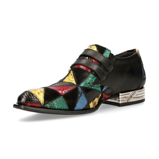New Rock Men's Shoes Multi-Color Exotic Texture Print / Calf-Skin Leather PatchWork Monk-Straps Loafers M-NW2288T-S2 (NR1217)-AmbrogioShoes