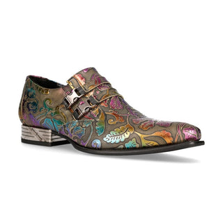 New Rock Men's Shoes Multi-Color Vintage Flower Texture Print / Calf-Skin Leather Monk-Straps Loafers M-NW2288-S65 (NR1209)-AmbrogioShoes