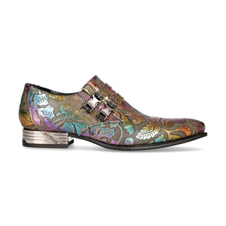 New Rock Men's Shoes Multi-Color Vintage Flower Texture Print / Calf-Skin Leather Monk-Straps Loafers M-NW2288-S65 (NR1209)-AmbrogioShoes