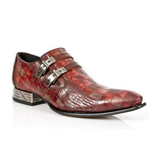 New Rock Men's Shoes Red Bordeaux Alligator Print / Calf-Skin Leather Monk-Straps Loafers M-2246-C7 (NR1204)-AmbrogioShoes