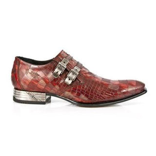 New Rock Men's Shoes Red Bordeaux Alligator Print / Calf-Skin Leather Monk-Straps Loafers M-2246-C7 (NR1204)-AmbrogioShoes