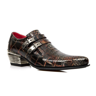 New Rock Men's Shoes Red Lava Crocodile Print / Calf-Skin Leather Monk-Straps Loafers M-2246-C36 (NR1279)-AmbrogioShoes