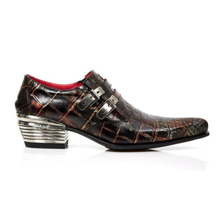 New Rock Men's Shoes Red Lava Crocodile Print / Calf-Skin Leather Monk-Straps Loafers M-2246-C36 (NR1279)-AmbrogioShoes