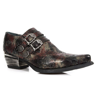 New Rock Men's Shoes Red Vintage Flower Print / Calf-Skin Leather Monk-Straps Loafers M-7961-C1 (NR1244)-AmbrogioShoes