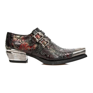 New Rock Men's Shoes Red Vintage Flower Print / Calf-Skin Leather Steel Cap-Toe Monk-Straps Loafers M-7960-PC5 (NR1219)-AmbrogioShoes