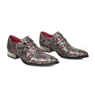 New Rock Men's Shoes Red Vintage Flower Print Leather Monk-Straps Loafers M.NW2288-S24 (NR1117)-AmbrogioShoes