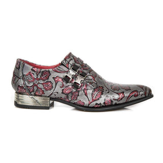 New Rock Men's Shoes Red Vintage Flower Print Leather Monk-Straps Loafers M.NW2288-S24 (NR1117)-AmbrogioShoes