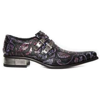 New Rock Men's Shoes Violet Vintage Flower America Theme Print Leather Monk-Straps Loafers M.2246-S58 (NR1122)-AmbrogioShoes