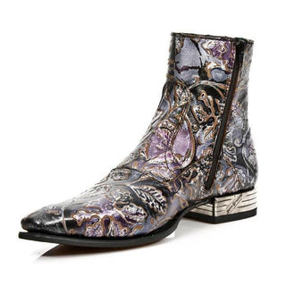 New Rock Men's Shoes Violet Vintage Flower Print / Calf-Skin Leather Ankle Boots M-NW121-C22 (NR1260)-AmbrogioShoes