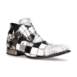 New Rock Men's Shoes White Python Print / Calf-Skin Leather Cap-Toe PatchWork Boots M-NW135-C14 (NR1216)-AmbrogioShoes