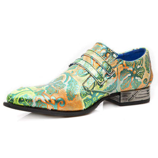 New Rock Men's Shoes Yellow / Green Vintage Flower Caribbean Theme Print Leather Monk-Straps Loafers M.NW2288-S31 (NR1121)-AmbrogioShoes