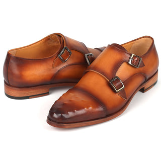 Paul Parkman 047-CML Men's Shoes Light Brown Calf-Skin Leather Studded Cap Toe Monkstraps Loafers (PM6369)-AmbrogioShoes