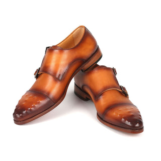 Paul Parkman 047-CML Men's Shoes Light Brown Calf-Skin Leather Studded Cap Toe Monkstraps Loafers (PM6369)-AmbrogioShoes