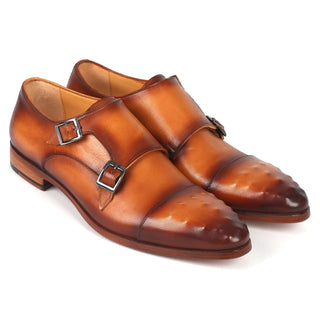 Paul Parkman 047-CML Men's Shoes Light Brown Calf-Skin Leather Studded Cap Toe Monkstraps Loafers (PM6369)-AmbrogioShoes