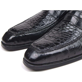 Paul Parkman Handmade Shoes Wingtip Genuine Crocodile & Ostrich Penny Black Loafers (PM5503)-AmbrogioShoes