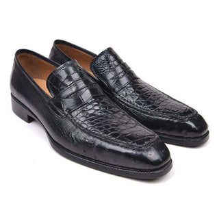 Paul Parkman Handmade Shoes Wingtip Genuine Crocodile & Ostrich Penny Black Loafers (PM5503)-AmbrogioShoes