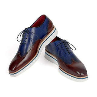 Paul Parkman 187-BRW-BLU Men's Shoes Brown & Blue Calf-Skin Leather Smart Wingtip Oxfords (PM6305)-AmbrogioShoes