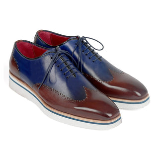 Paul Parkman 187-BRW-BLU Men's Shoes Brown & Blue Calf-Skin Leather Smart Wingtip Oxfords (PM6305)-AmbrogioShoes