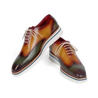 Paul Parkman 188-GRN-CML Men's Shoes Green & Camel Calf-Skin Leather Smart Wingtip Oxfords (PM6306)-AmbrogioShoes