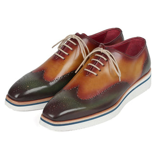 Paul Parkman 188-GRN-CML Men's Shoes Green & Camel Calf-Skin Leather Smart Wingtip Oxfords (PM6306)-AmbrogioShoes