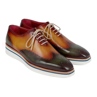 Paul Parkman 188-GRN-CML Men's Shoes Green & Camel Calf-Skin Leather Smart Wingtip Oxfords (PM6306)-AmbrogioShoes