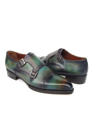 Paul Parkman 2598-5BG Green & Blue Hand-Painted Leather Cap Toe Double Monkstraps Loafers (PM6395)