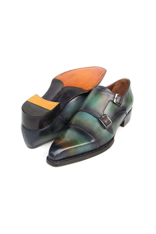 Paul Parkman 2598-5BG Green & Blue Hand-Painted Leather Cap Toe Double Monkstraps Loafers (PM6395)