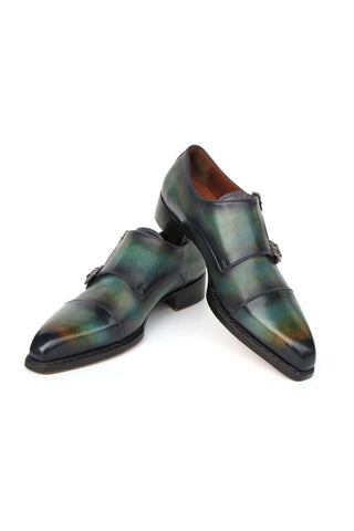 Paul Parkman 2598-5BG Green & Blue Hand-Painted Leather Cap Toe Double Monkstraps Loafers (PM6395)