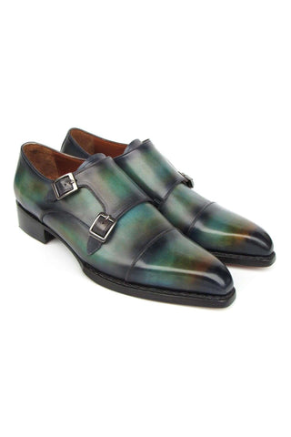 Paul Parkman 2598-5BG Green & Blue Hand-Painted Leather Cap Toe Double Monkstraps Loafers (PM6395)