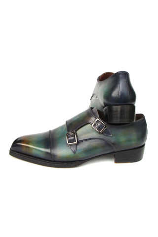 Paul Parkman 2598-5BG Men's Handmade Shoes Green & Blue Hand-Painted Leather Cap Toe Double Monkstraps Loafers (PM6395)