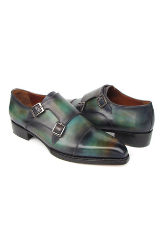 Paul Parkman 2598-5BG Men's Handmade Shoes Green & Blue Hand-Painted Leather Cap Toe Double Monkstraps Loafers (PM6395)