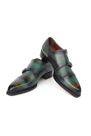 Paul Parkman 2598-5BG Men's Handmade Shoes Green & Blue Hand-Painted Leather Cap Toe Double Monkstraps Loafers (PM6395)