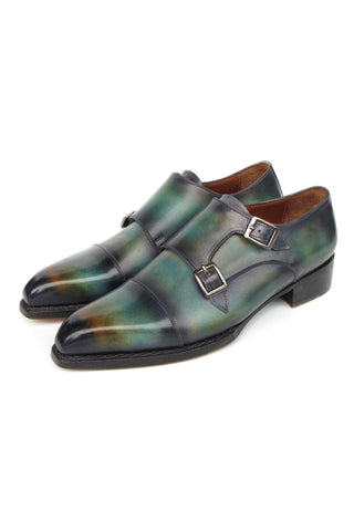 Paul Parkman 2598-5BG Men's Handmade Shoes Green & Blue Hand-Painted Leather Cap Toe Double Monkstraps Loafers (PM6395)