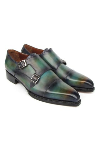 Paul Parkman 2598-5BG Men's Handmade Shoes Green & Blue Hand-Painted Leather Cap Toe Double Monkstraps Loafers (PM6395)