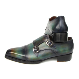 Paul Parkman 2598-5BG Men's Shoes Green & Blue Hand-Painted Leather Cap Toe Double Monkstraps Loafers (PM6395)-AmbrogioShoes