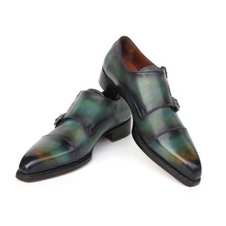 Paul Parkman 2598-5BG Men's Shoes Green & Blue Hand-Painted Leather Cap Toe Double Monkstraps Loafers (PM6395)-AmbrogioShoes