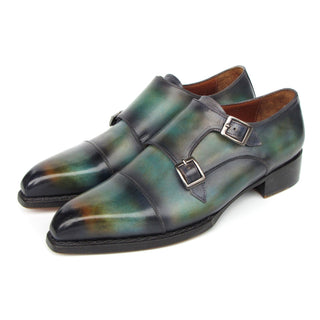 Paul Parkman 2598-5BG Men's Shoes Green & Blue Hand-Painted Leather Cap Toe Double Monkstraps Loafers (PM6395)-AmbrogioShoes