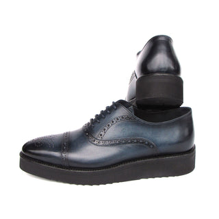 Paul Parkman 285-NVY-LTH Men's Shoes Navy Hand Painted Leather Casual Cap Toe Oxfords (PM6406)-AmbrogioShoes