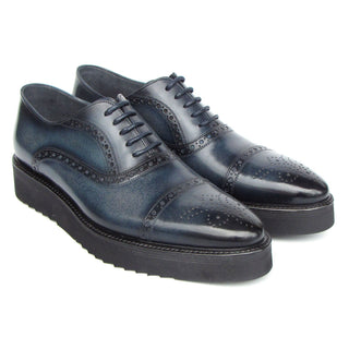 Paul Parkman 285-NVY-LTH Men's Shoes Navy Hand Painted Leather Casual Cap Toe Oxfords (PM6406)-AmbrogioShoes