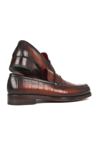 Paul Parkman 3857-BRW Brown Crocodile Embossed Leather Penny Loafers (PM6336)