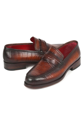 Paul Parkman 3857-BRW Brown Crocodile Embossed Leather Penny Loafers (PM6336)