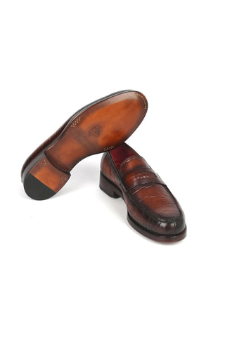 Paul Parkman 3857-BRW Brown Crocodile Embossed Leather Penny Loafers (PM6336)