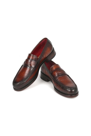 Paul Parkman 3857-BRW Brown Crocodile Embossed Leather Penny Loafers (PM6336)